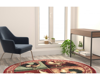 BLNK - Gallus Collection Round Olefin Rooster Themed Area Rug with Jute Backing for Kitchen