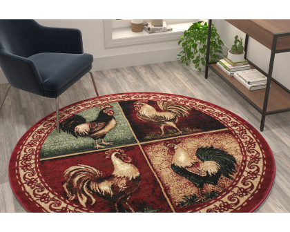 BLNK Gallus Collection Round Olefin Rooster Themed Area Rug with Jute Backing for Kitchen - Red, 6'W x 6'L