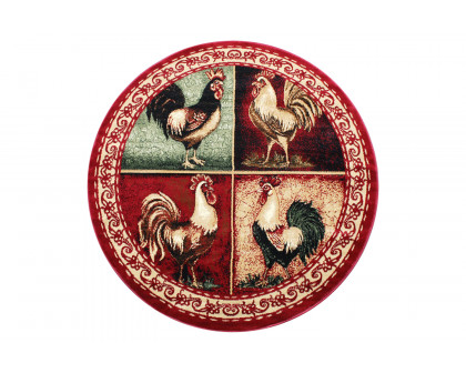 BLNK Gallus Collection Round Olefin Rooster Themed Area Rug with Jute Backing for Kitchen - Red, 6'W x 6'L