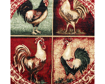 BLNK Gallus Collection Round Olefin Rooster Themed Area Rug with Jute Backing for Kitchen - Red, 6'W x 6'L