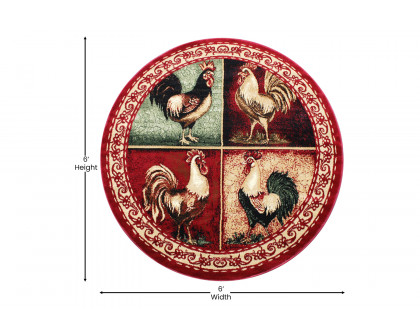 BLNK Gallus Collection Round Olefin Rooster Themed Area Rug with Jute Backing for Kitchen - Red, 6'W x 6'L