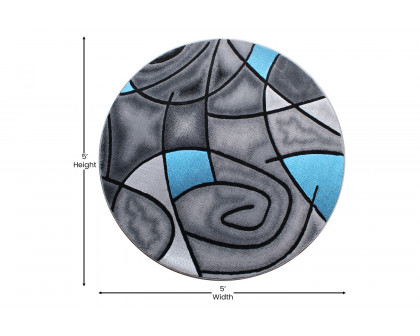 BLNK Jubilee Collection Style 1 Abstract Round Olefin Area Rug with Jute Backing - Blue, 5'W x 5'L