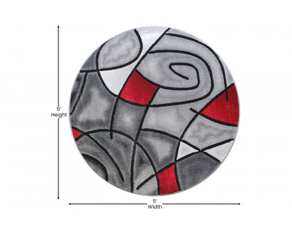 BLNK Jubilee Collection Style 1 Abstract Round Olefin Area Rug with Jute Backing - Red, 5'W x 5'L