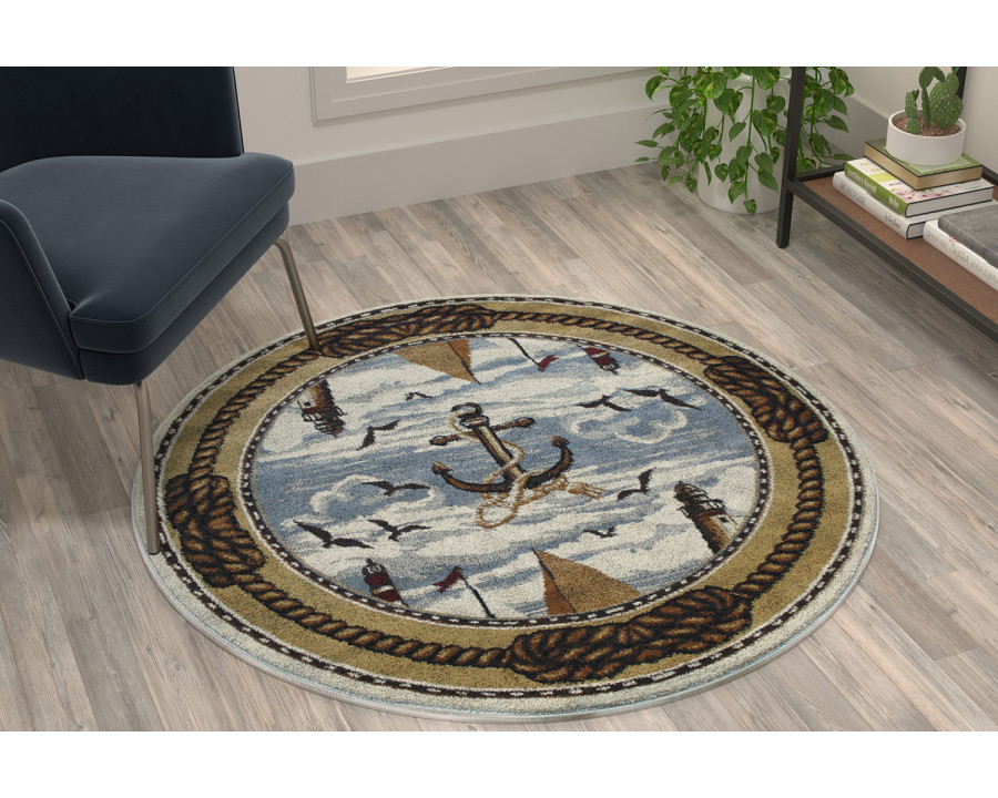 BLNK - Edmund Collection Round Nautical Themed Area Rug with Jute Backing