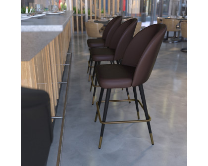 BLNK Lyla Commercial LeatherSoft High-Back Modern Armless Counter Stools with Contoured Backrests, Steel Frames and Footrests Set of 2 - Brown