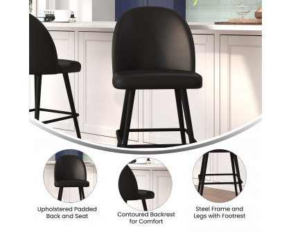 BLNK Lyla Commercial LeatherSoft High Back Modern Armless Bar Stools with Contoured Backrest, Steel Frame and Integrated Footrest Set of 2 - Black