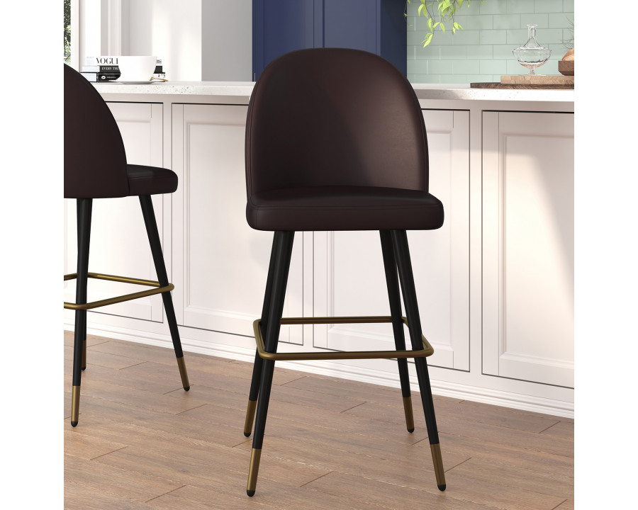 BLNK Lyla Commercial LeatherSoft High Back Modern Armless Bar Stools with Contoured Backrest, Steel Frame and Integrated Footrest Set of 2 - Brown