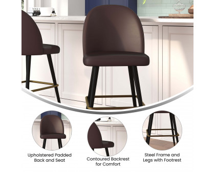 BLNK Lyla Commercial LeatherSoft High Back Modern Armless Bar Stools with Contoured Backrest, Steel Frame and Integrated Footrest Set of 2 - Brown