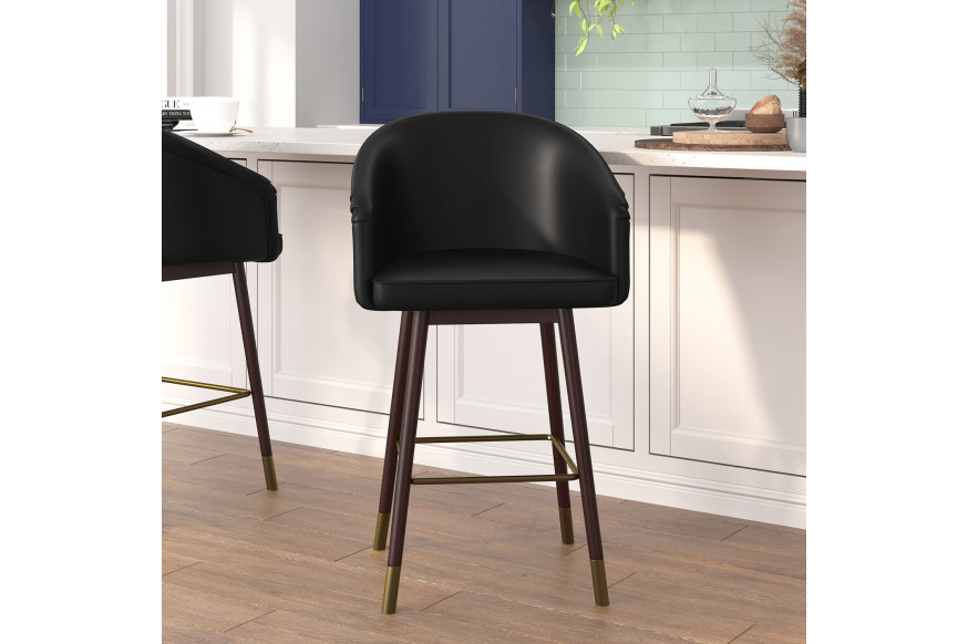 BLNK™ Margo Commercial LeatherSoft Mid-Back Modern Counter Stool with Walnut Finish Beechwood Legs and Contoured Back - Black