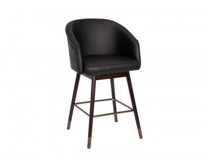 BLNK™ Margo Commercial LeatherSoft Mid-Back Modern Counter Stool with Walnut Finish Beechwood Legs and Contoured Back - Black