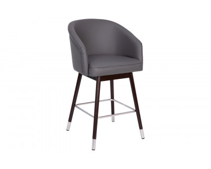 BLNK Margo Commercial LeatherSoft Mid-Back Modern Counter Stool with Walnut Finish Beechwood Legs and Contoured Back - Gray