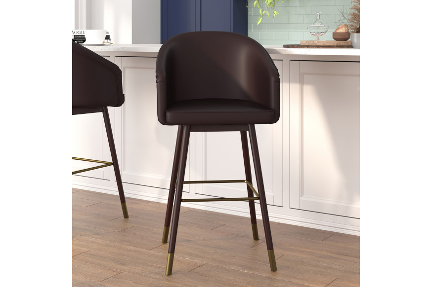 BLNK™ Margo Commercial LeatherSoft Mid-Back Modern Bar Stool with Walnut Finish Beechwood Legs and Curved Back with Muted Bronze Accents - Brown