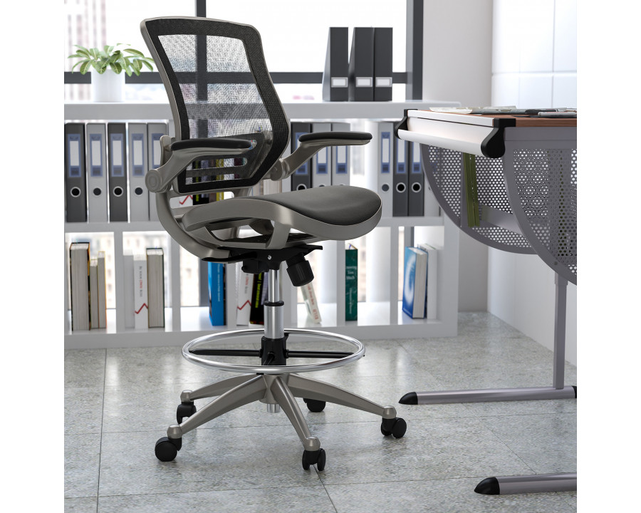 BLNK Waylon Mid-Back Mesh Drafting Chair with Flip-Up Arms - Graphite Silver Frame