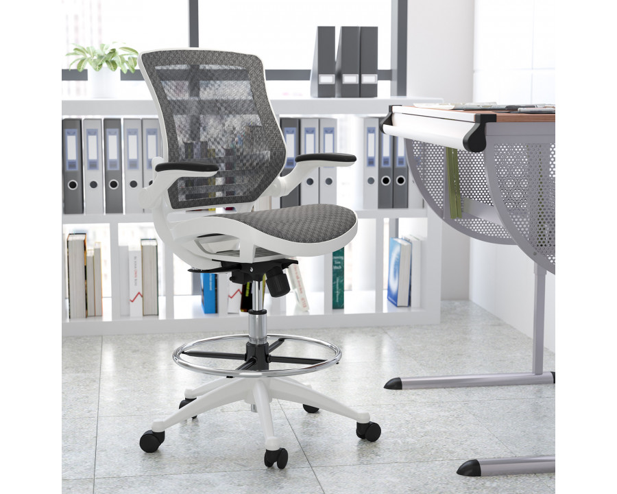 BLNK Waylon Mid-Back Mesh Drafting Chair with Flip-Up Arms - White Frame