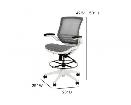 BLNK Waylon Mid-Back Mesh Drafting Chair with Flip-Up Arms - White Frame