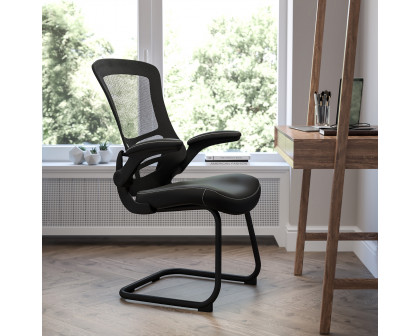 BLNK Kelista Black Mesh Sled Base Side Reception Chair with Flip-Up Arms