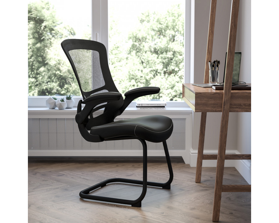 BLNK Kelista Black Mesh Sled Base Side Reception Chair with Flip-Up Arms - LeatherSoft