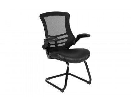 BLNK Kelista Black Mesh Sled Base Side Reception Chair with Flip-Up Arms - LeatherSoft