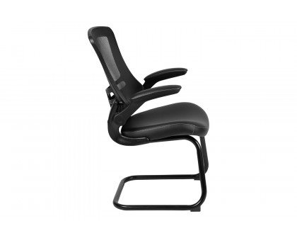 BLNK Kelista Black Mesh Sled Base Side Reception Chair with Flip-Up Arms - LeatherSoft