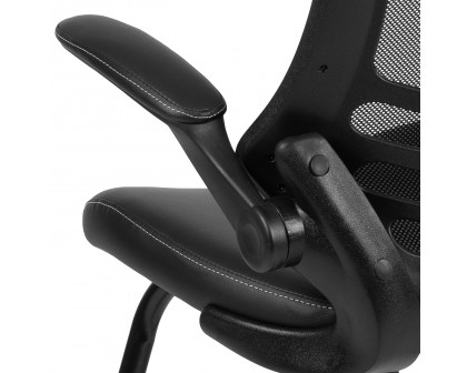 BLNK Kelista Black Mesh Sled Base Side Reception Chair with Flip-Up Arms - LeatherSoft