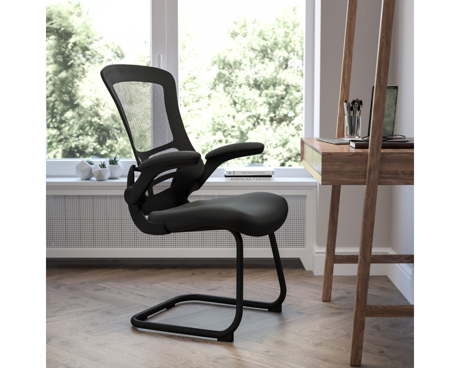 BLNK Kelista Black Mesh Sled Base Side Reception Chair with Flip-Up Arms