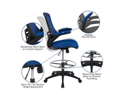 BLNK Kelista Mid-Back Mesh Ergonomic Drafting Chair with Adjustable Foot Ring and Flip-Up Arms - Blue