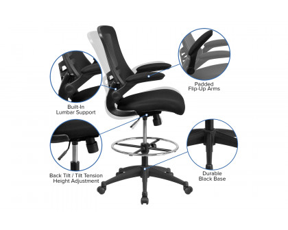 BLNK Kelista Mid-Back Mesh Ergonomic Drafting Chair with Adjustable Foot Ring and Flip-Up Arms - Black