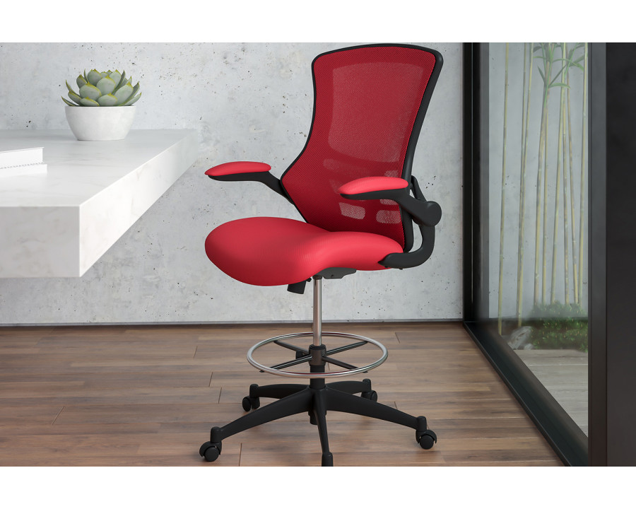 BLNK Kelista Mid-Back Mesh Ergonomic Drafting Chair with Adjustable Foot Ring and Flip-Up Arms - Red