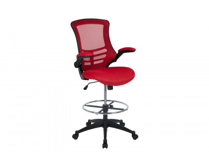 BLNK Kelista Mid-Back Mesh Ergonomic Drafting Chair with Adjustable Foot Ring and Flip-Up Arms - Red