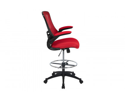 BLNK Kelista Mid-Back Mesh Ergonomic Drafting Chair with Adjustable Foot Ring and Flip-Up Arms - Red