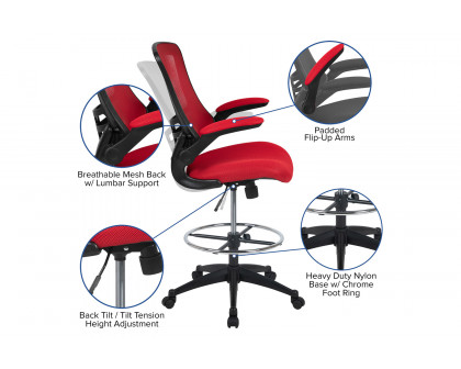 BLNK Kelista Mid-Back Mesh Ergonomic Drafting Chair with Adjustable Foot Ring and Flip-Up Arms - Red