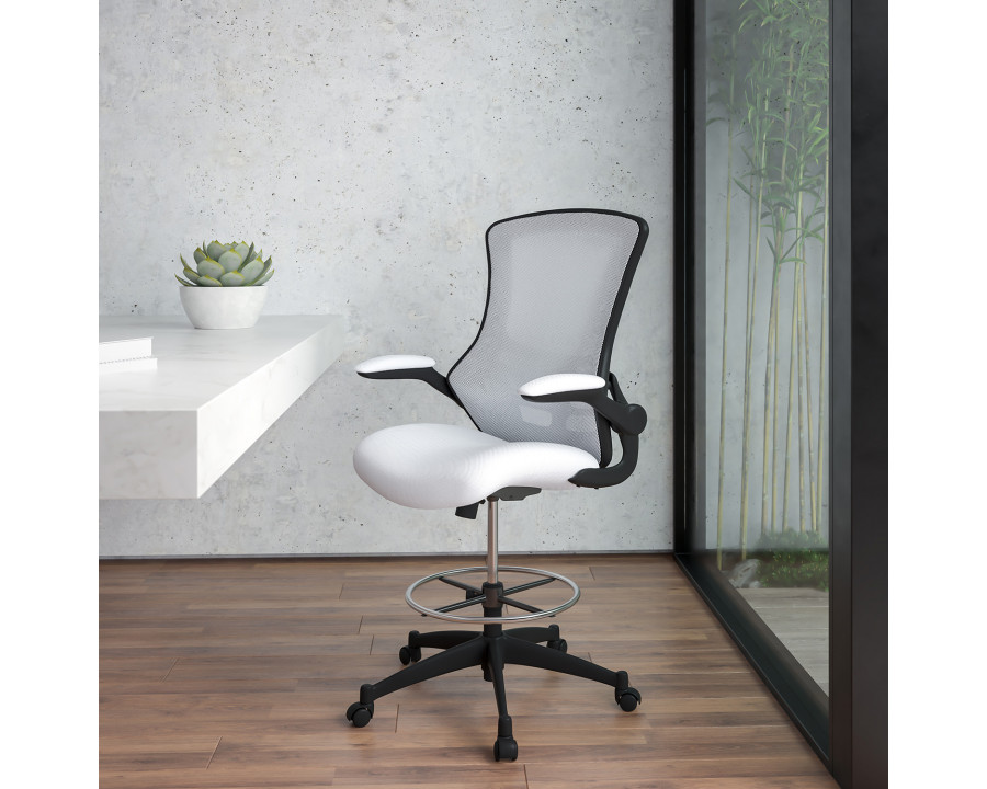 BLNK - Kelista Mid-Back White Mesh Ergonomic Drafting Chair with Adjustable Foot Ring and Flip-Up Arms