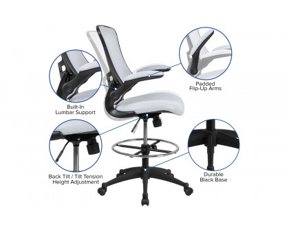 BLNK - Kelista Mid-Back White Mesh Ergonomic Drafting Chair with Adjustable Foot Ring and Flip-Up Arms