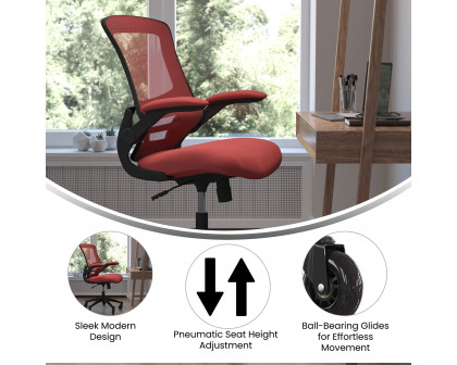 BLNK Kelista Mid-Back Mesh Swivel Ergonomic Task Office Chair with Flip-Up Arms and Transparent Roller Wheels - Red