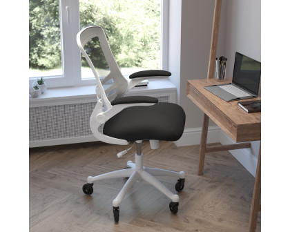 BLNK Kelista Mid-Back Mesh Swivel Ergonomic Task Office Chair with White Frame, Flip-Up Arms, and Transparent Roller Wheels - Black