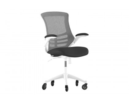 BLNK Kelista Mid-Back Mesh Swivel Ergonomic Task Office Chair with White Frame, Flip-Up Arms, and Transparent Roller Wheels - Black