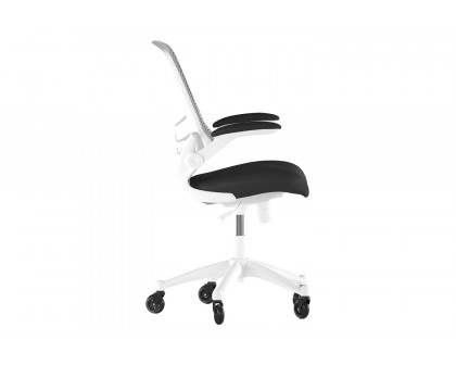 BLNK Kelista Mid-Back Mesh Swivel Ergonomic Task Office Chair with White Frame, Flip-Up Arms, and Transparent Roller Wheels - Black