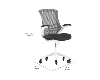 BLNK Kelista Mid-Back Mesh Swivel Ergonomic Task Office Chair with White Frame, Flip-Up Arms, and Transparent Roller Wheels - Black