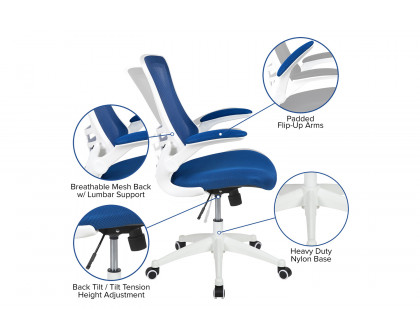 BLNK Kelista Mid-Back Mesh Swivel Ergonomic Task Office Chair with White Frame and Flip-Up Arms - Blue