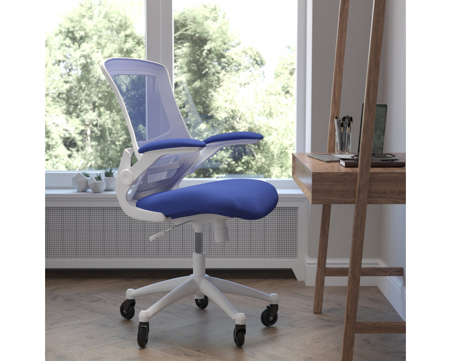 BLNK Kelista Mid-Back Mesh Swivel Ergonomic Task Office Chair with White Frame, Flip-Up Arms, and Transparent Roller Wheels - Blue