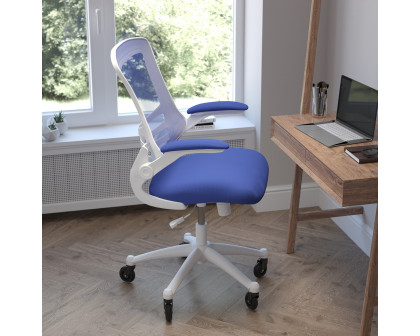 BLNK Kelista Mid-Back Mesh Swivel Ergonomic Task Office Chair with White Frame, Flip-Up Arms, and Transparent Roller Wheels - Blue