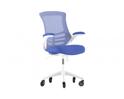 BLNK Kelista Mid-Back Mesh Swivel Ergonomic Task Office Chair with White Frame, Flip-Up Arms, and Transparent Roller Wheels - Blue