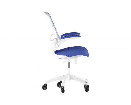 BLNK Kelista Mid-Back Mesh Swivel Ergonomic Task Office Chair with White Frame, Flip-Up Arms, and Transparent Roller Wheels - Blue