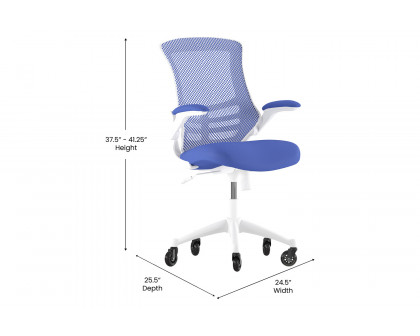 BLNK Kelista Mid-Back Mesh Swivel Ergonomic Task Office Chair with White Frame, Flip-Up Arms, and Transparent Roller Wheels - Blue