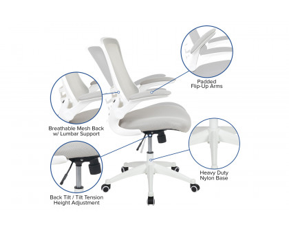 BLNK Kelista Mid-Back Mesh Swivel Ergonomic Task Office Chair with White Frame and Flip-Up Arms - Light Gray