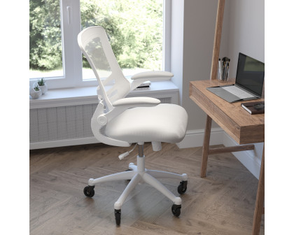 BLNK Kelista Mid-Back Mesh Swivel Ergonomic Task Office Chair with White Frame, Flip-Up Arms, and Transparent Roller Wheels - Light Gray