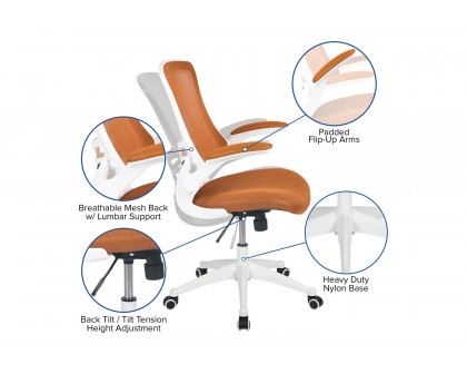 BLNK Kelista Mid-Back Mesh Swivel Ergonomic Task Office Chair with White Frame and Flip-Up Arms - Tan