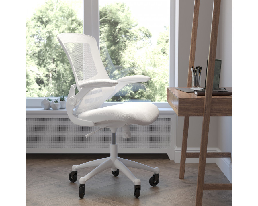 BLNK Kelista Mid-Back Mesh Swivel Ergonomic Task Office Chair with White Frame, Flip-Up Arms, and Transparent Roller Wheels