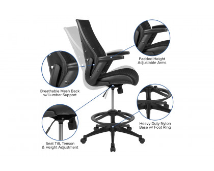 BLNK Kale High-Back Mesh Spine-Back Ergonomic Drafting Chair with Adjustable Foot Ring and Adjustable Flip-Up Arms - Black