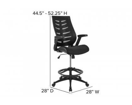 BLNK Kale High-Back Mesh Spine-Back Ergonomic Drafting Chair with Adjustable Foot Ring and Adjustable Flip-Up Arms - Black